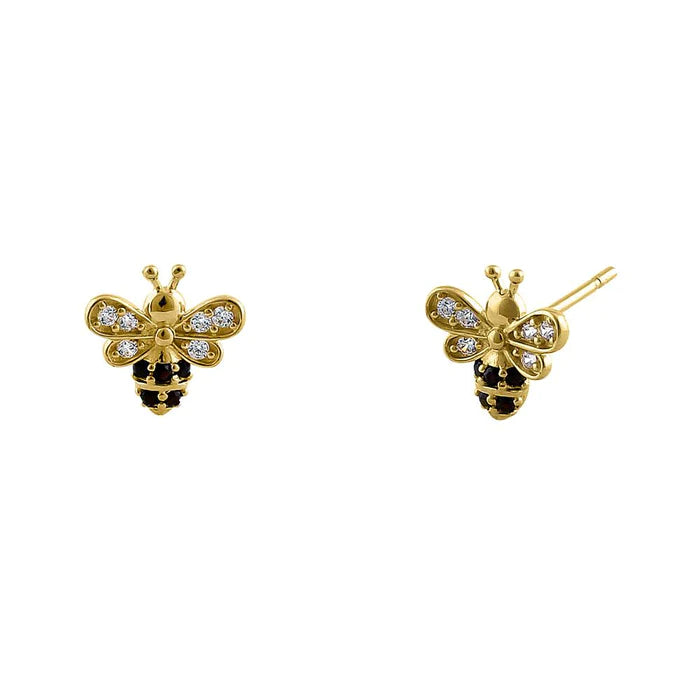 Solid 14K Yellow Gold Honey Bee Black Lab Diamonds Earrings - Shryne Diamanti & Co.