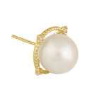 Solid 14K Gold Large Beaded Pearl with Clear Lab Diamonds Earrings - Shryne Diamanti & Co.