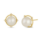 Solid 14K Gold Large Beaded Pearl with Clear Lab Diamonds Earrings - Shryne Diamanti & Co.