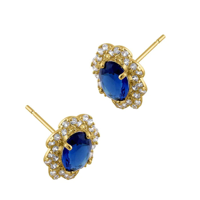 1.96 ct Solid 14K Yellow Gold Blue Sapphire Floral Oval Cut Lab Diamonds Earrings - Shryne Diamanti & Co.