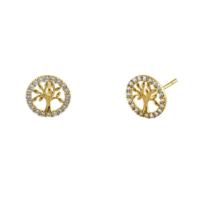 Solid 14K Yellow Gold Small Tree of Life Lab Diamonds Earrings - Shryne Diamanti & Co.