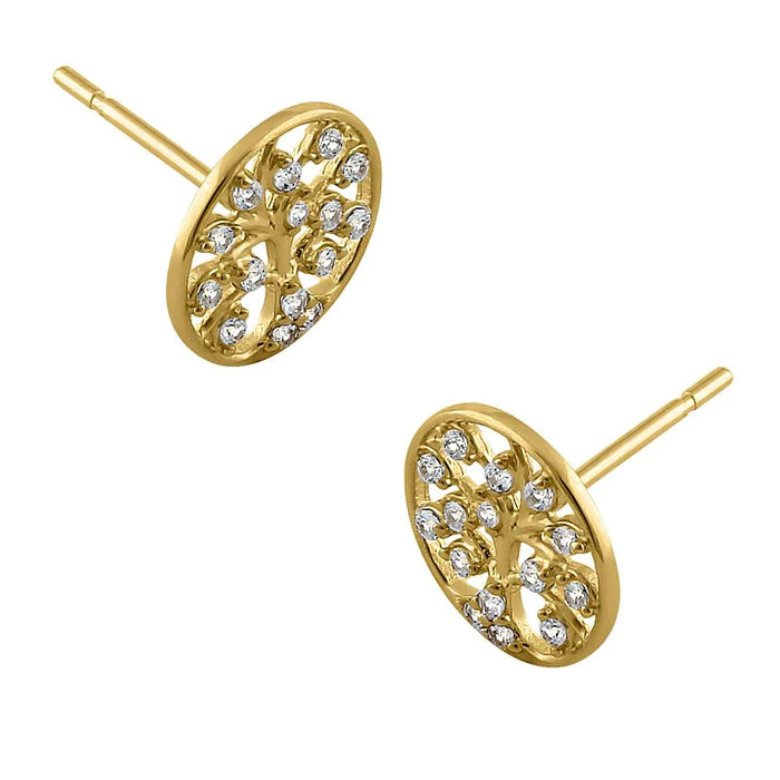 Solid 14K Yellow Gold Shiny Tree of Life Lab Diamonds Earrings - Shryne Diamanti & Co.