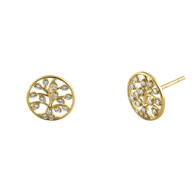 Solid 14K Yellow Gold Shiny Tree of Life Lab Diamonds Earrings - Shryne Diamanti & Co.