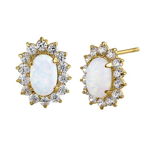 Solid 14K Yellow Gold Oval White Opal Halo Clear Round Lab Diamonds Earrings - Shryne Diamanti & Co.