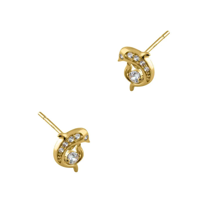 Solid 14K Yellow Gold Leaping Dolphin Lab Diamonds Earrings - Shryne Diamanti & Co.