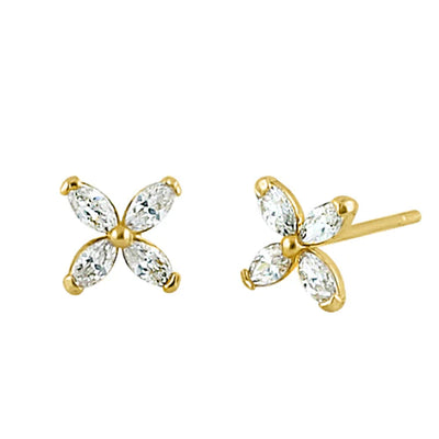 Solid 14K Yellow Gold Flower Marquise Lab Diamonds Stud Earrings - Shryne Diamanti & Co.