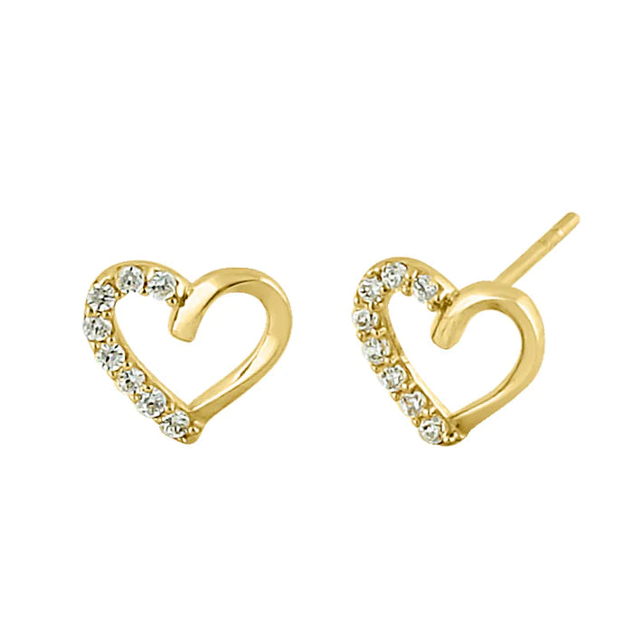 Solid 14K Yellow Gold Half Lab Diamonds Heart Stud Earrrings - Shryne Diamanti & Co.