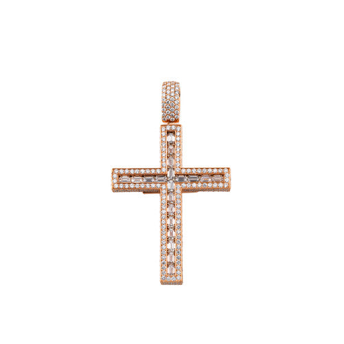 14K Rose Gold Emerald and Round DIAMOND Cross 4.96CT - Shryne Diamanti & Co.