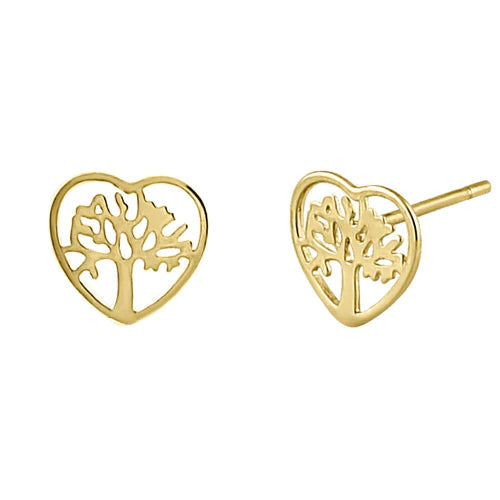 Solid 14K Yellow Gold Heart Tree of Life Stud Earrings - Shryne Diamanti & Co.