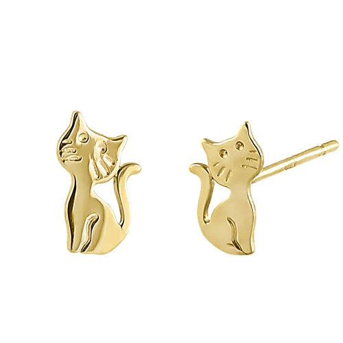 Solid 14K Yellow Gold Cat with Wiskers Earrings - Shryne Diamanti & Co.
