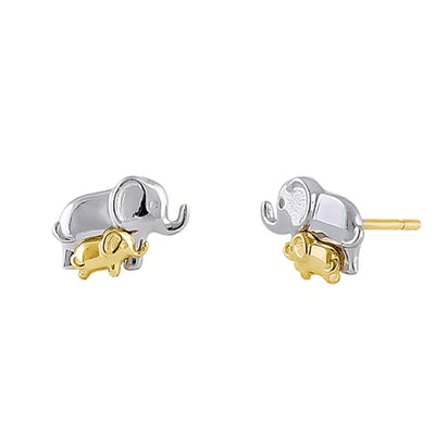 Solid 14K Yellow Gold & White Gold Mom & Baby Elephant Earrings - Shryne Diamanti & Co.