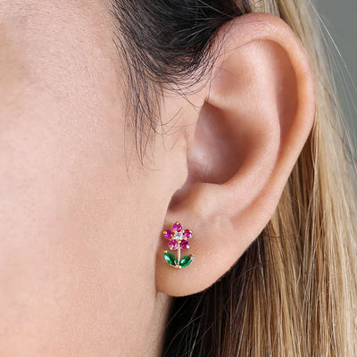 Solid 14K Yellow Gold Flower Ruby Emerald Clear Lab Diamonds Earrings - Shryne Diamanti & Co.