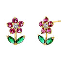 Solid 14K Yellow Gold Flower Ruby Emerald Clear Lab Diamonds Earrings - Shryne Diamanti & Co.