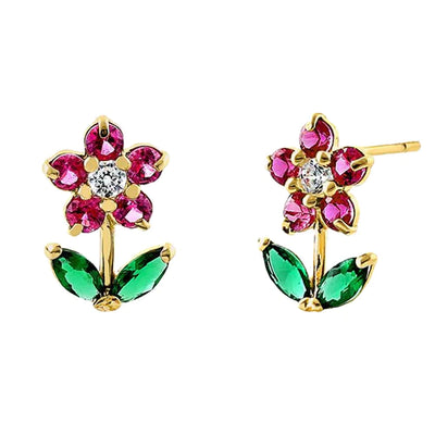 Solid 14K Yellow Gold Flower Ruby Emerald Clear Lab Diamonds Earrings - Shryne Diamanti & Co.