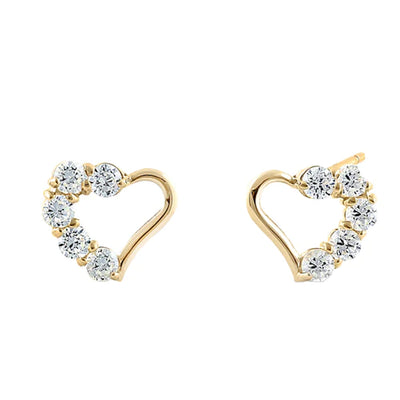 Solid 14K Yellow Gold Classic Heart Round Clear Lab Diamonds Earrings - Shryne Diamanti & Co.