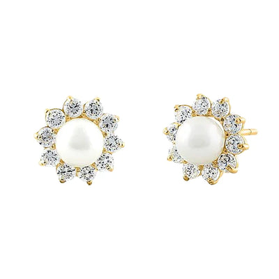 Solid 14K Yellow Gold Pearl Clear Lab Diamonds Earrings - Shryne Diamanti & Co.