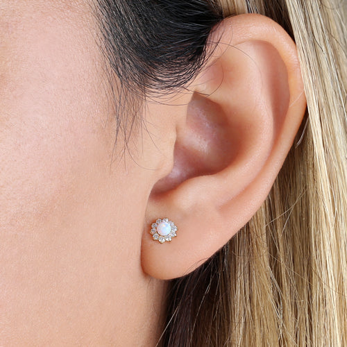 Solid 14K Yellow Gold Round White Lab Opal & Clear Lab Diamonds Earrings - Shryne Diamanti & Co.