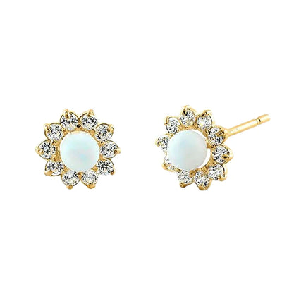 Solid 14K Yellow Gold Round White Lab Opal & Clear Lab Diamonds Earrings - Shryne Diamanti & Co.