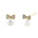 Solid 14K Yellow Gold Bow & Pearl Clear Lab Diamonds Earrings - Shryne Diamanti & Co.