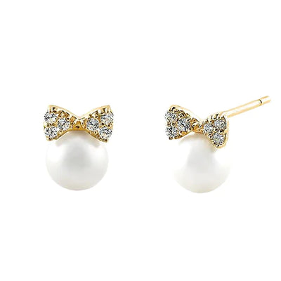 Solid 14K Yellow Gold Bow & Pearl Clear Lab Diamonds Earrings - Shryne Diamanti & Co.