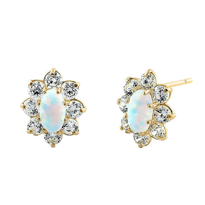 Solid 14K Yellow Gold Oval White Lab Opal & Clear Lab Diamonds Earrings - Shryne Diamanti & Co.