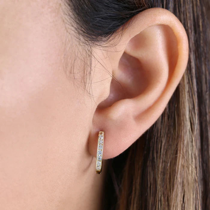 Solid 14K Yellow Gold 1.3mm x 17mm Clear Lab Diamonds Hoop Earrings - Shryne Diamanti & Co.