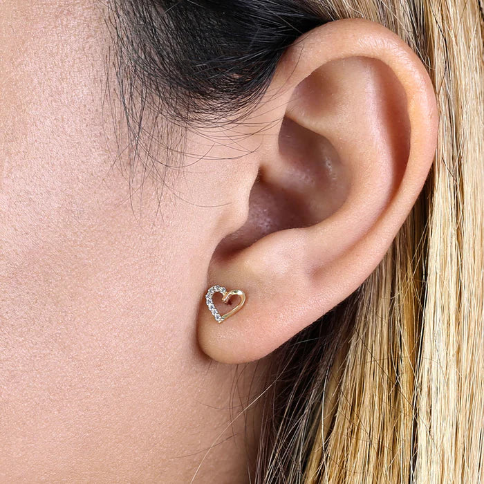 Solid 14K Yellow Gold Half Lab Diamonds Heart Stud Earrrings - Shryne Diamanti & Co.