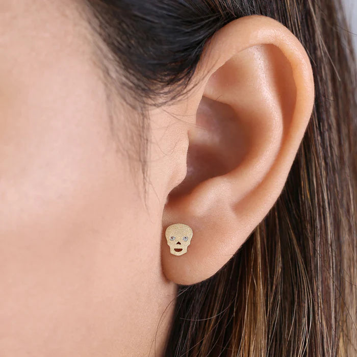 Solid 14K Yellow Gold Brushed Skull with Clear Lab Diamonds Eyes Stud Earrings - Shryne Diamanti & Co.