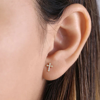 Solid 14K Yellow Gold Clear Lab Diamonds Cross Stud Earrings - Shryne Diamanti & Co.