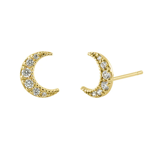 Solid 14K Yellow Gold Crescent Moon Clear Lab Diamonds Stud Earrings - Shryne Diamanti & Co.
