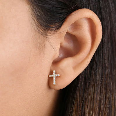 Solid 14K Yellow Gold Cross Lab Diamonds Earrings - Shryne Diamanti & Co.