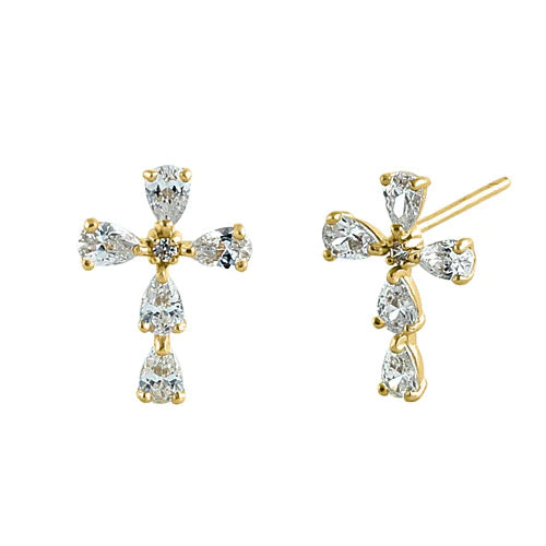 Solid 14K Yellow Gold Drop Lab Diamonds Cross Earrings - Shryne Diamanti & Co.