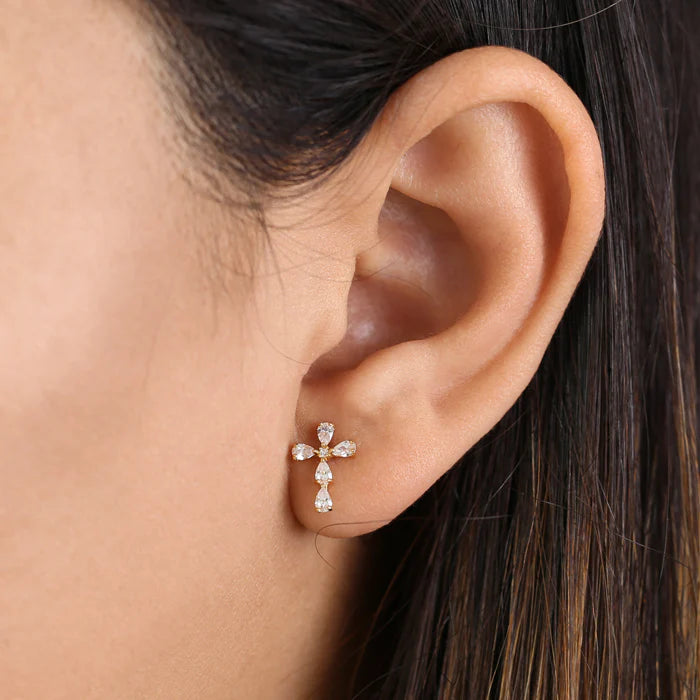 Solid 14K Yellow Gold Drop Lab Diamonds Cross Earrings - Shryne Diamanti & Co.