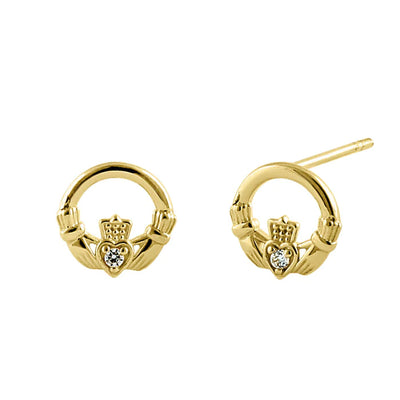 Solid 14K Yellow Gold Claddagh Lab Diamonds Earrings - Shryne Diamanti & Co.