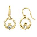 Solid 14K Yellow Gold Claddagh Lab Diamonds Hook Earrings - Shryne Diamanti & Co.