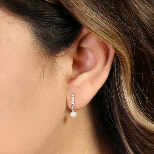 Solid 14K Yellow Gold Dangle Lab Diamonds Bar & Pearl Earrings - Shryne Diamanti & Co.