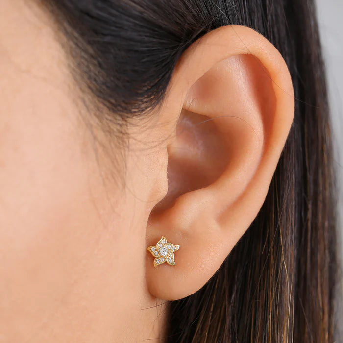 Solid 14K Gold Blowing Flower with Lab Diamonds Earrings - Shryne Diamanti & Co.