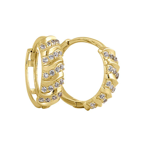 Solid 14K Yellow Gold 4.5mm x 14mm Striped Clear Lab Diamonds Hoop Earrings - Shryne Diamanti & Co.