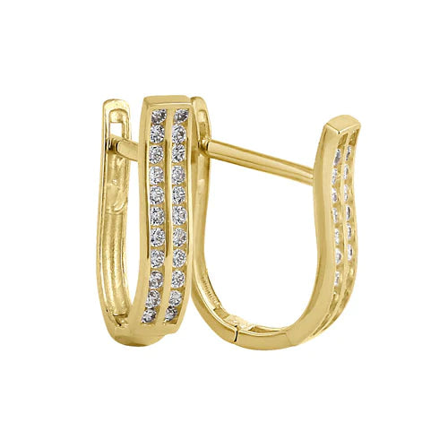 Solid 14K Yellow Gold 3mm x 15.5mm Double Striped Clear Lab Diamonds Hoop Earrings - Shryne Diamanti & Co.