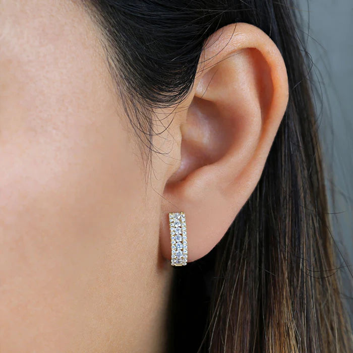 Solid 14K Yellow Gold 4.5mm x 12.5mm Triple Clear Lab Diamonds Row Hoop Earrings - Shryne Diamanti & Co.