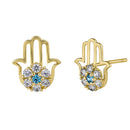 Solid 14K Yellow Gold Hamsa Blue Topaz & Clear Round Lab Diamonds Earrings - Shryne Diamanti & Co.