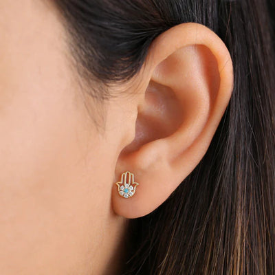 Solid 14K Yellow Gold Hamsa Blue Topaz & Clear Round Lab Diamonds Earrings - Shryne Diamanti & Co.