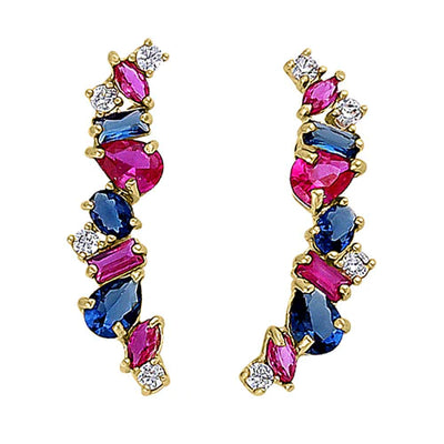 Solid 14K Yellow Gold Stone Medley Blue Sapphire, Ruby, & Clear Lab Diamonds Earrings - Shryne Diamanti & Co.