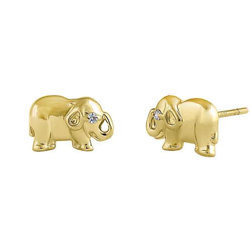 Solid 14K Yellow Gold Wild Elephant Clear Round Lab Diamonds Earrings - Shryne Diamanti & Co.