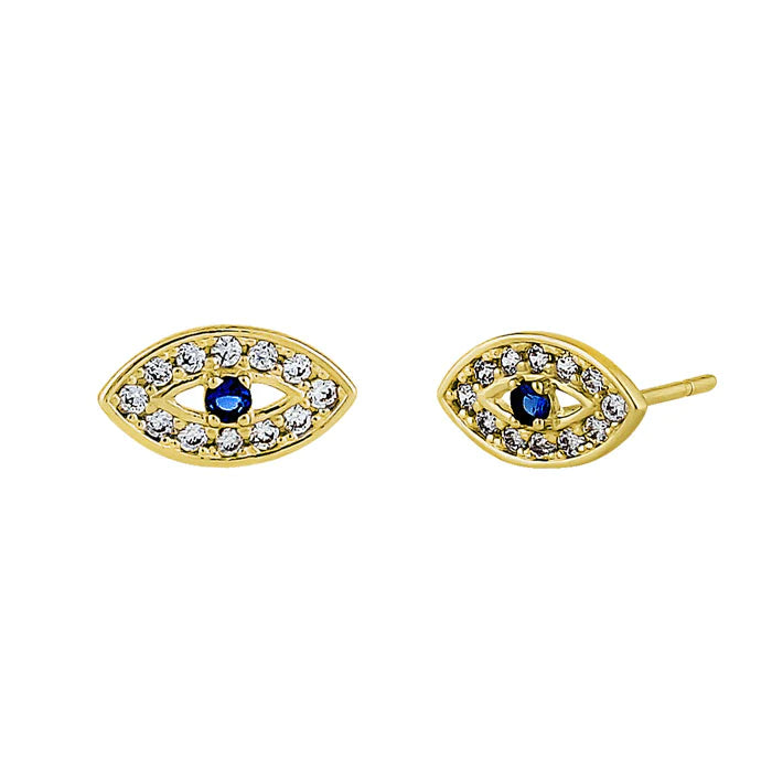 Solid 14K Yellow Gold Evil Eye Blue Sapphire & Clear Round Lab Diamonds Earrings - Shryne Diamanti & Co.