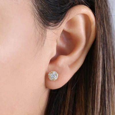 Solid 14K Yellow Gold Halo Round Lab Diamonds Stud Earrings - Shryne Diamanti & Co.