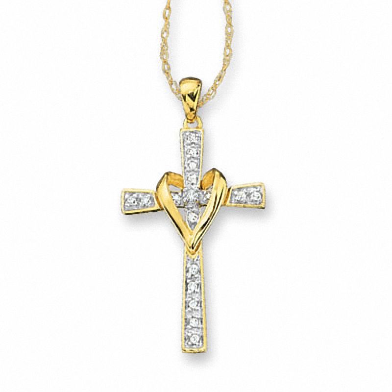 1/10 CT. T.W. Diamond Cross and Heart Pendant in 10K Gold