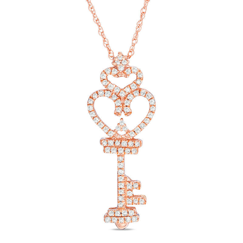 1/6 CT. T.W. Diamond Heart-Top Key Pendant in 10K Rose Gold