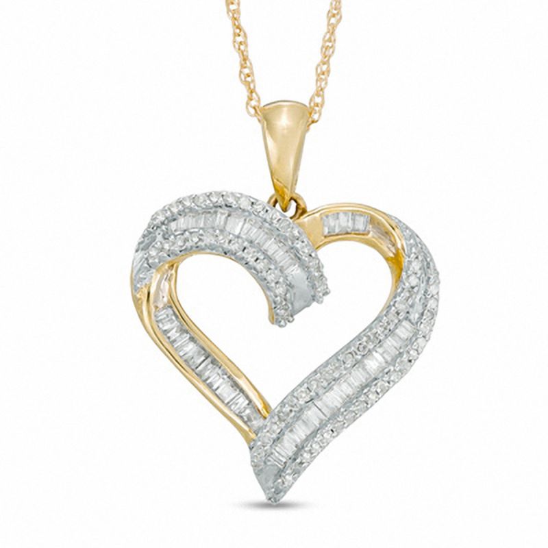 1/4 CT. T.W. Baguette and Round Diamond Heart Pendant in 10K Gold