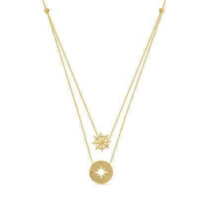 Ship's Wheel and Compass Double Strand Necklace in 14K Gold